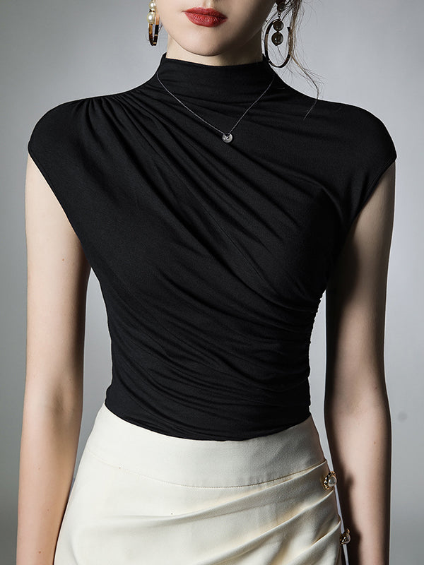 Skinny Pleated Solid Color Mock Neck T-Shirts Tops