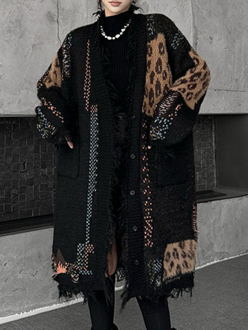 Hipster Long Sleeves Asymmetric Buttoned Contrast Color Leopard Pockets Split-Joint V-Neck Cardigan Tops