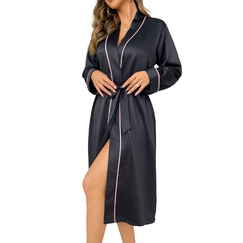 Women Fashion Simple Ice Silk Long Sleeve Pajamas