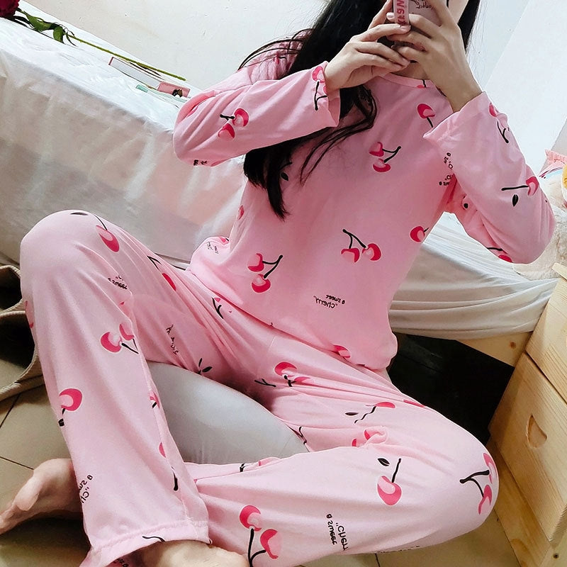 Women Fashion Casual Spring And Autumn Printed Round Neck Long Sleeve T-Shirt Loose Pants Pajamas Set