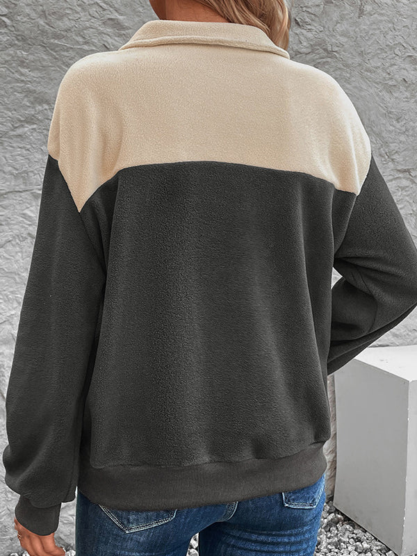 Long Sleeves Loose Buttoned Contrast Color Split-Joint Velvet Stand Collar Sweatshirt Tops