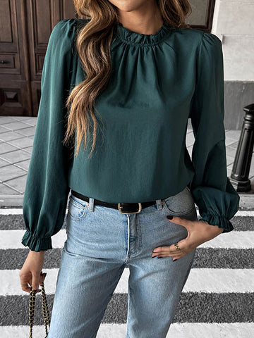 Long Sleeves Loose Elasticity Pleated Ruffle Trim Solid Color Mock Neck Blouses&Shirts Tops