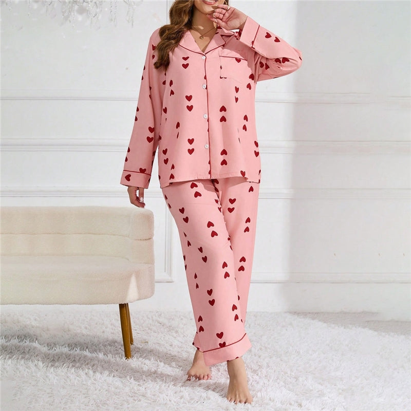 Women Fashion Casual Plus Size Love Printed Lapel Long-Sleeve Top Loose Pants Pajamas Two-Piece Set