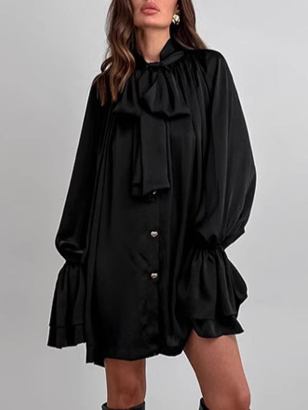 A-Line Flared Sleeves Buttoned Elasticity Pleated Solid Color Tied Zipper Stand Collar Mini Dresses