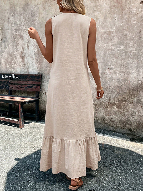 A-Line Loose Pleated Ruffle Trim Solid Color V-Neck Maxi Dresses