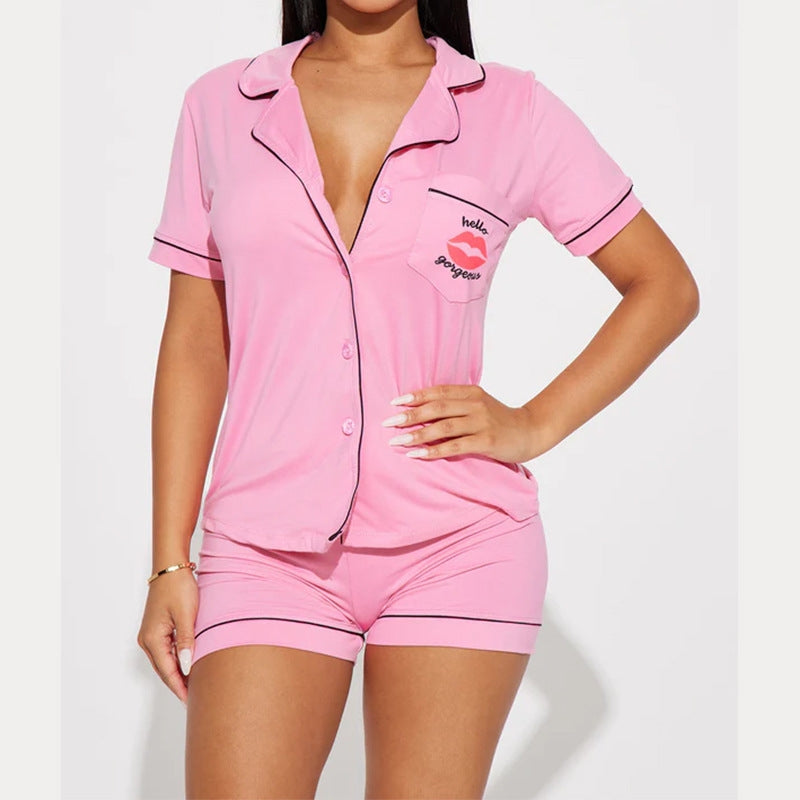 Women Fashion Casual Lapel Short Sleeve Pocket Top Letter Tight Shorts Pajamas Two-Piece Set
