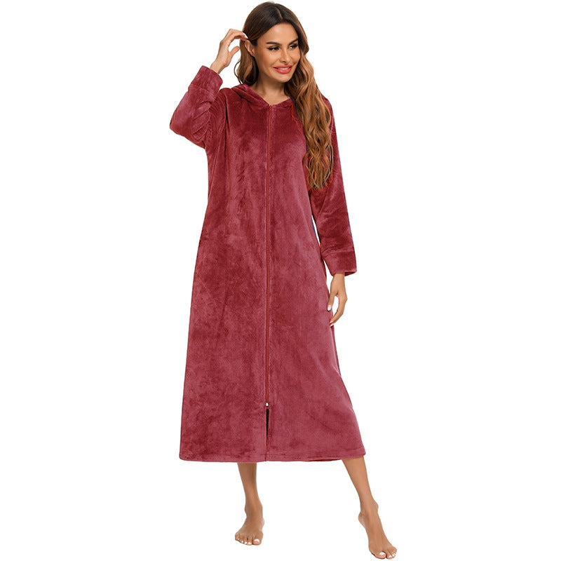 Winter Women Fashion Solid Color Zipper Long Sleeve Flannel Pajamas