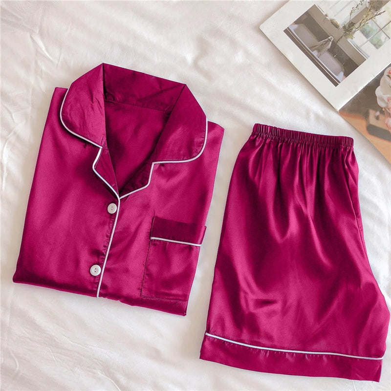 Women Fashion Casual Solid Color Lapel Short-Sleeve Cardigan Loose Shorts Pajamas Two-Piece Set