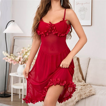 Women Fashion Sexy Solid Color Lace Mesh Semi-Transparent Pajamas Set