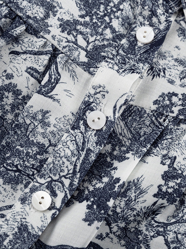 Loose Puff Sleeves Pleated Printed Split-Joint Tied Waist Lapel Mini Dresses Shirt Dress