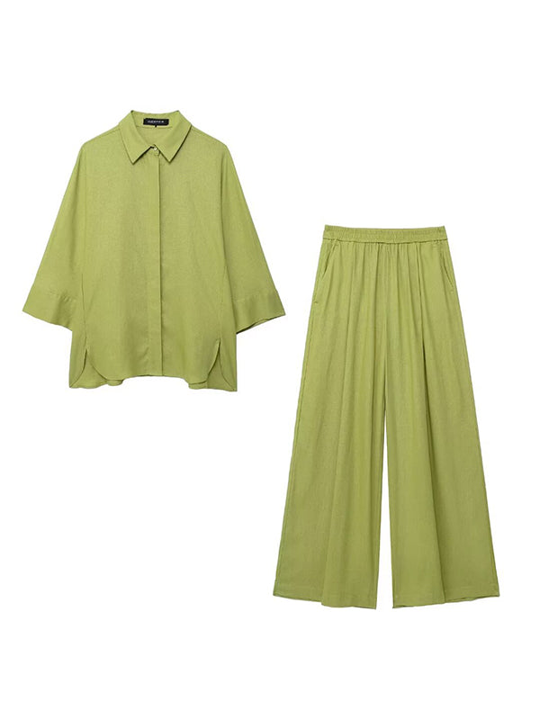 Loose Solid Color Split-Joint Split-Side Lapel Blouse + Elasticity Pleated Pants Trousers Two Pieces Set