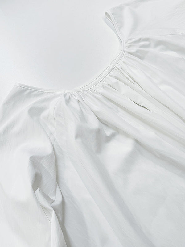 Flared Sleeves Loose Pleated Solid Color Split-Joint Round-Neck Maxi Dresses