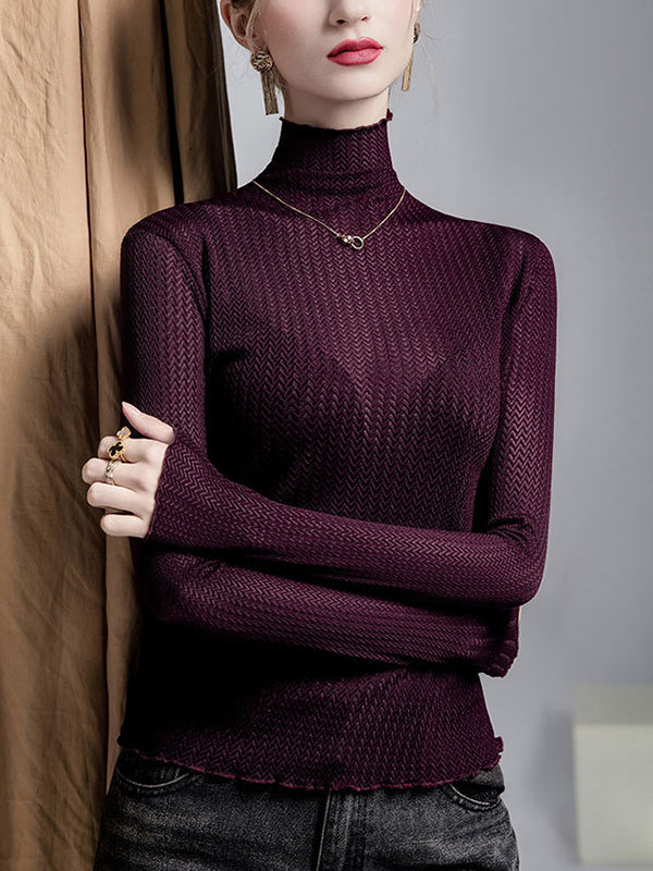 Long Sleeves Plus Size Mesh See-Through Slightly Sheer Split-Joint High Neck T-Shirts