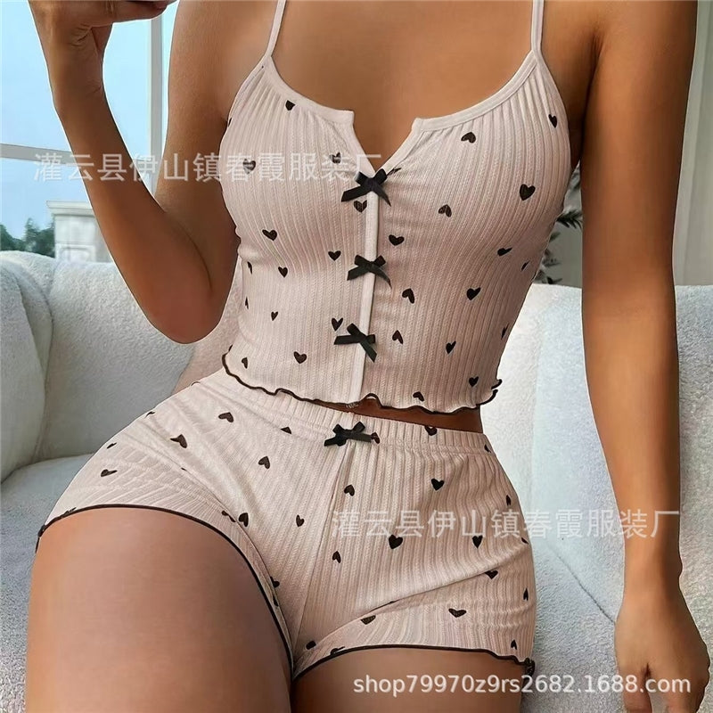 Women Fashion Sexy Printed Bowknot Camisole Slim-Fit Shorts Pajamas Two-Piece Set