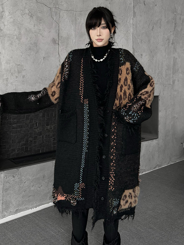 Hipster Long Sleeves Asymmetric Buttoned Contrast Color Leopard Pockets Split-Joint V-Neck Cardigan Tops