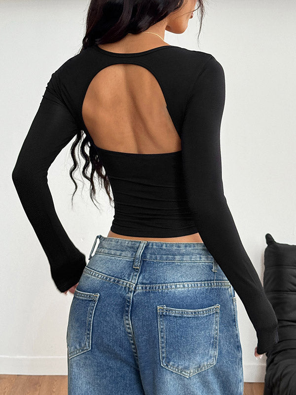 Long Sleeves Skinny Backless Pleated Solid Color Square-Neck T-Shirts Tops