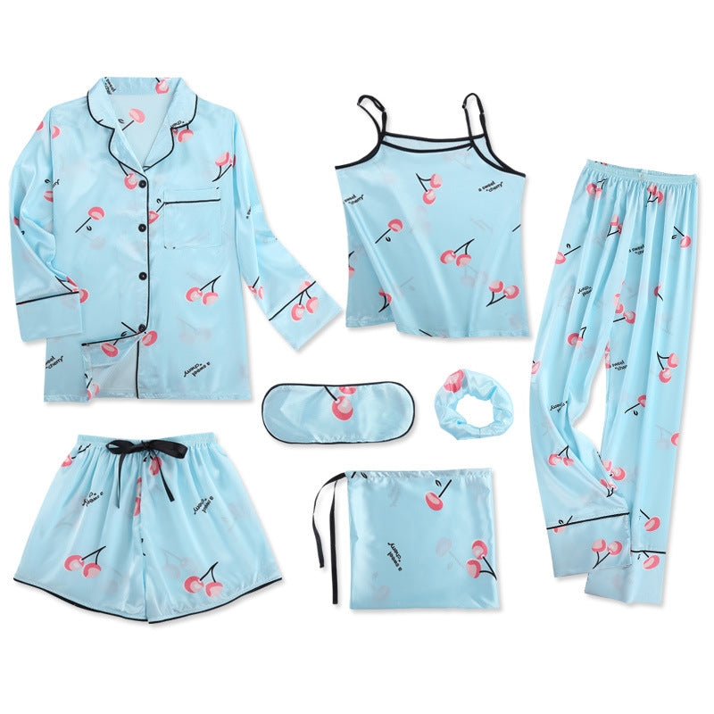 Women Simple Casual Stripe Printed Thin Pajamas Seven-Piece Set