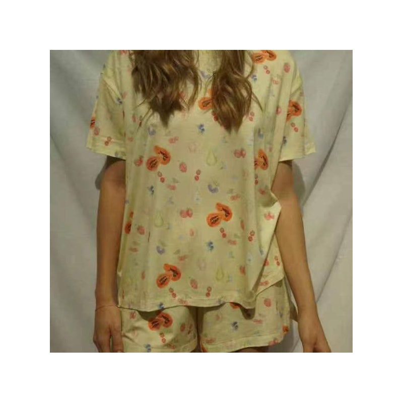 Women Fashion Casual Printed Short-Sleeve T-Shirt Loose Shorts Pajamas Two-Piece Set
