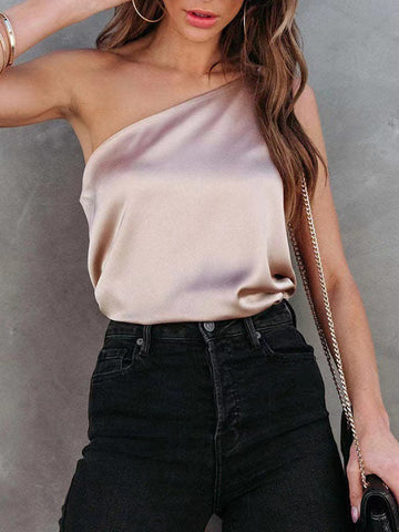 Loose Sleeveless Asymmetric Solid Color One-Shoulder Vest Top