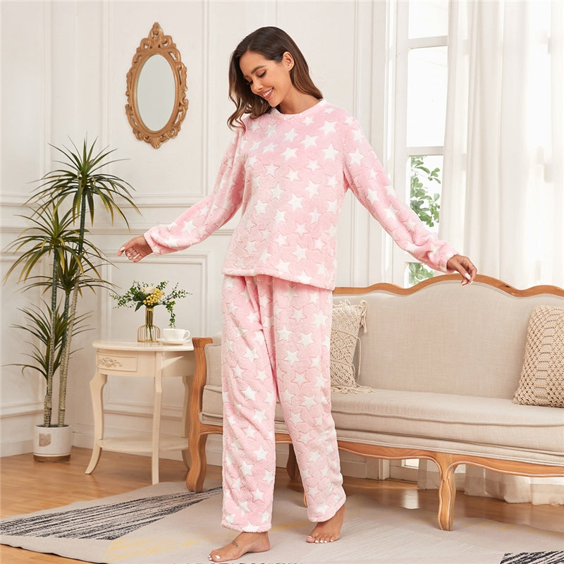 Women Fashion Star Print Round Neck Long Sleeve Home Pajamas Set