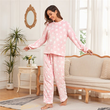 Women Fashion Star Print Round Neck Long Sleeve Home Pajamas Set