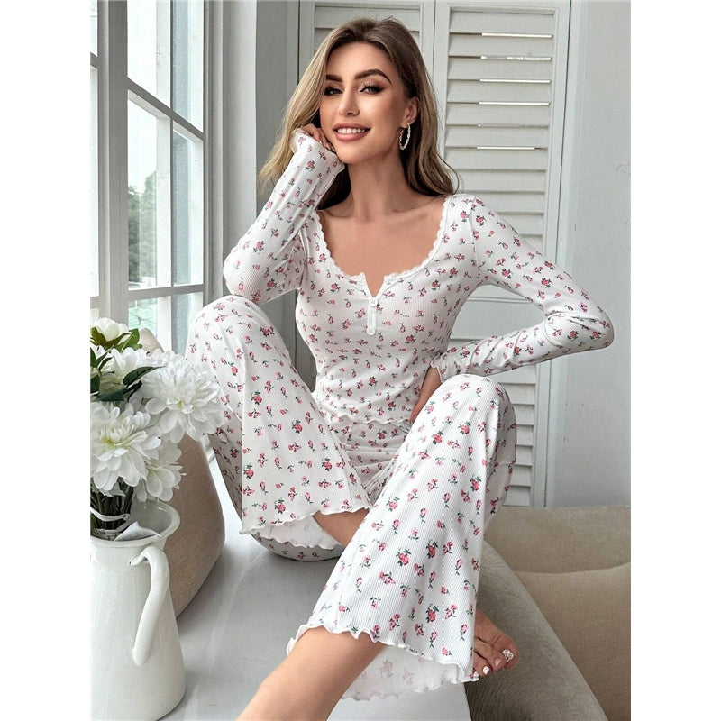 Women Fashion Casual Floral Printed Long Sleeve Top Slim-Fit Pants Pajamas Two-Piece Set