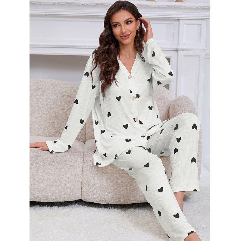 Women Fashion Casual Love Printed Round Neck Long Sleeve Top Loose Pants Pajamas Set