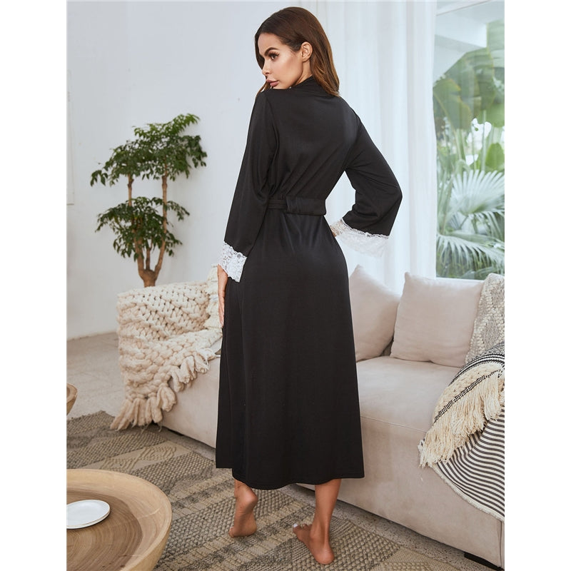 Women Fashion Casual Solid Color Lace Stitching Long Sleeve Lace-Up Pajamas