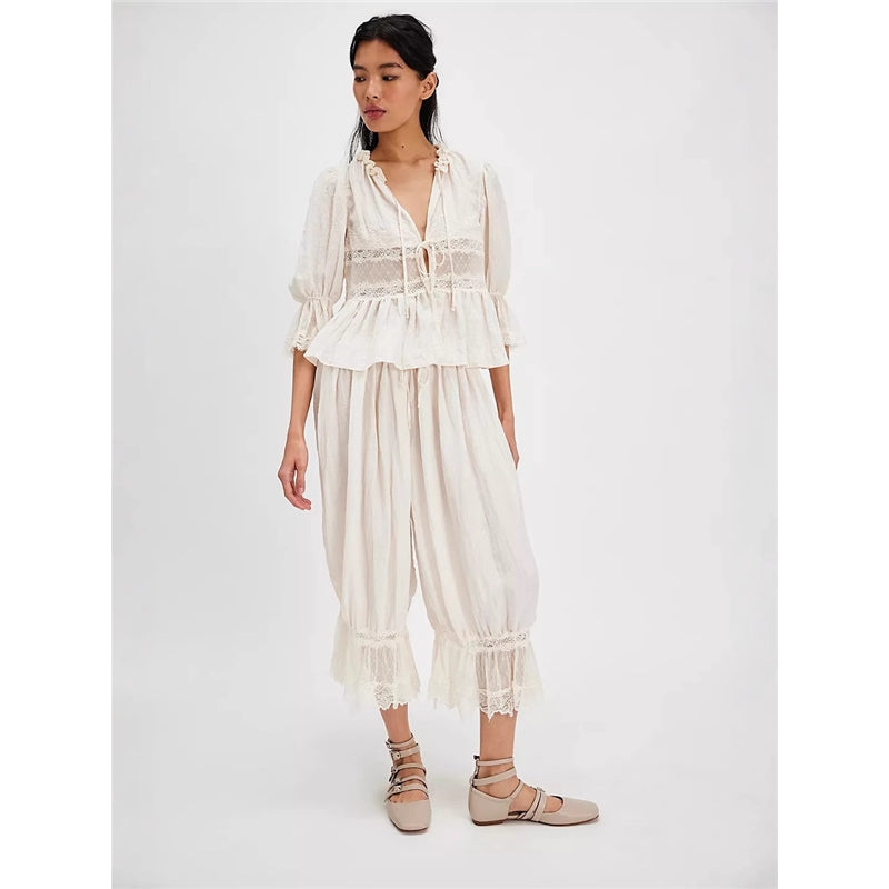 Women Fashion Elegant Lace Hollow-Out Lace-Up Pajamas Pants