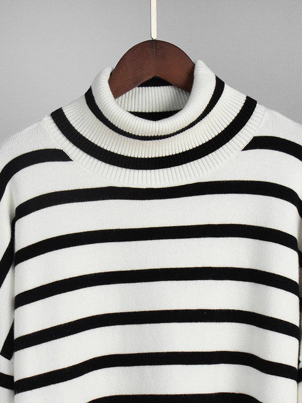 High-Low Long Sleeves Split-Joint Split-Side Striped High Neck Sweater Tops