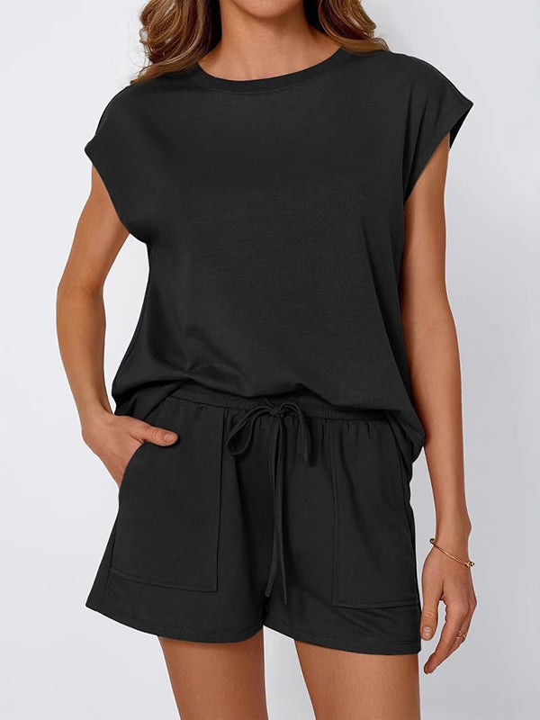 Loose Raglan Sleeve Solid Color Split-Joint Round-Neck T-Shirt + Drawstring Elasticity Shorts Two Pieces Set
