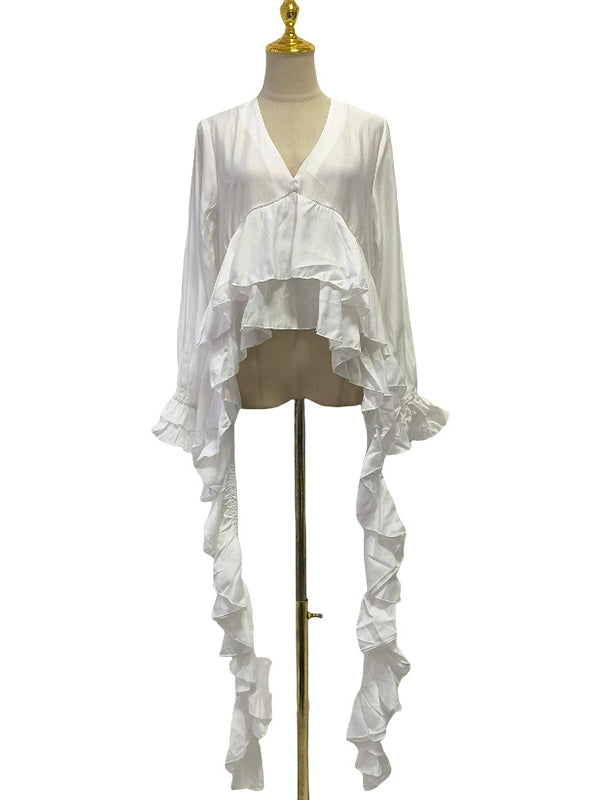 Flared Sleeves High-Low Elasticity Pleated Solid Color V-Neck Blouses&Shirts Tops