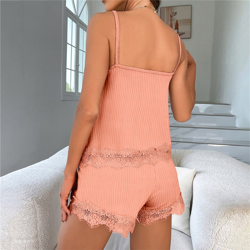 Women Fashion Casual Solid Color Lace Splicing Lace-Up Camisole Loose Shorts Pajamas Two-Piece Set