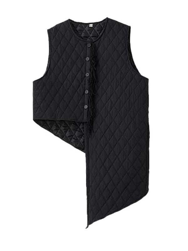 Loose Sleeveless Asymmetric Buttoned Quilted Solid Color Round-Neck Padded Vest