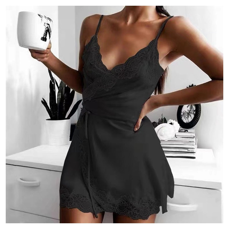 Women Fashion Sexy Solid Color Satin Lace Splicing Lace-Up Dress Pajamas