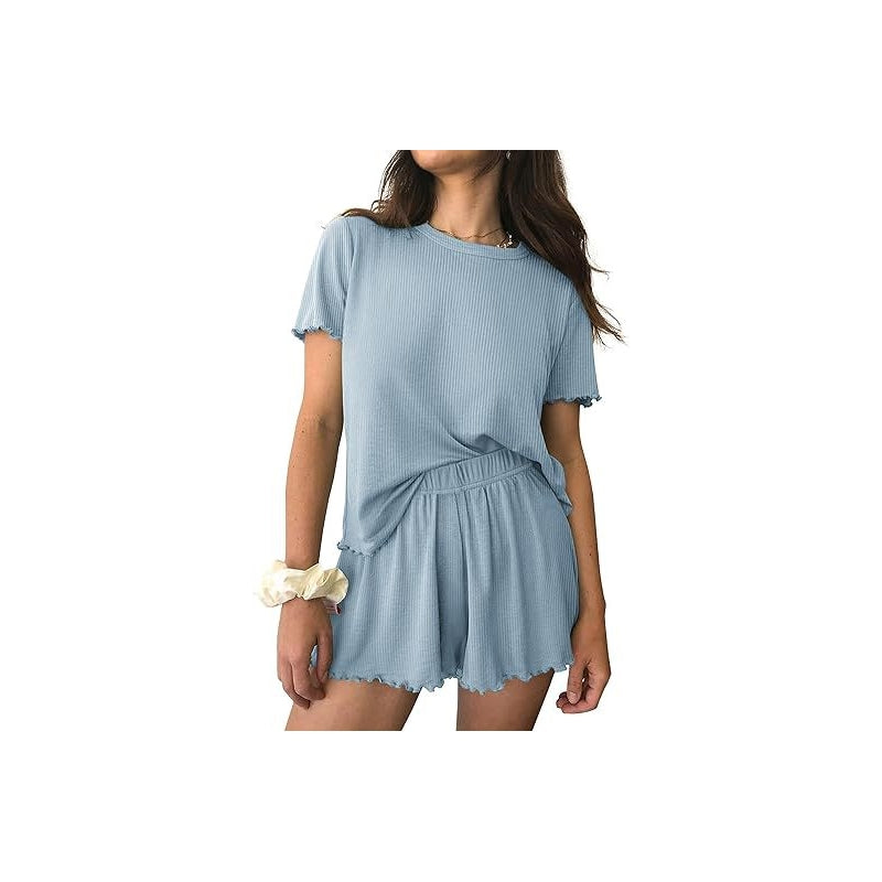 Women Casual Solid Color Rib Knitted Wave Edge Short Sleeve Top Loose Shorts Pajamas Two-Piece Set