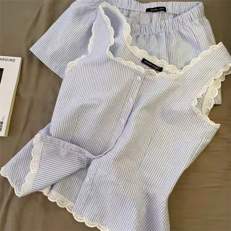 Women Fashion Casual Cotton Stripe Tank Top Loose Shorts Pajamas Two-Piece Set