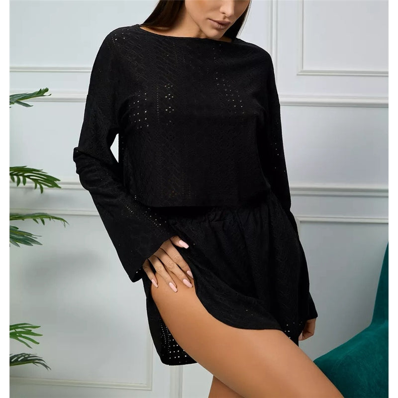 Women Fashion Casual Solid Color Hollow-Out Long-Sleeve T-Shirt Loose Shorts Pajamas Two-Piece Set