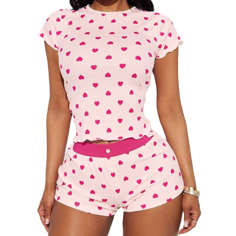 Women Fashion Casual Love Print Short-Sleeve T-Shirt Slim-Fit Shorts Pajamas Two-Piece Set