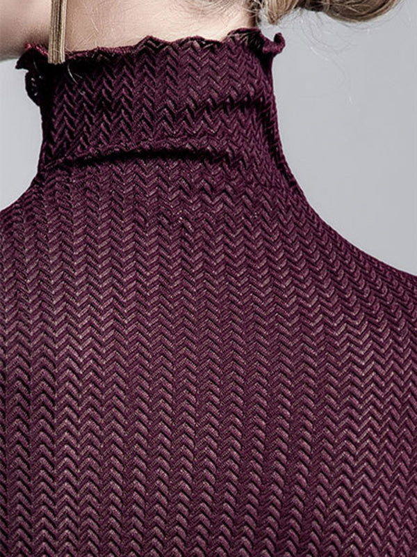 Long Sleeves Plus Size Mesh See-Through Slightly Sheer Split-Joint High Neck T-Shirts