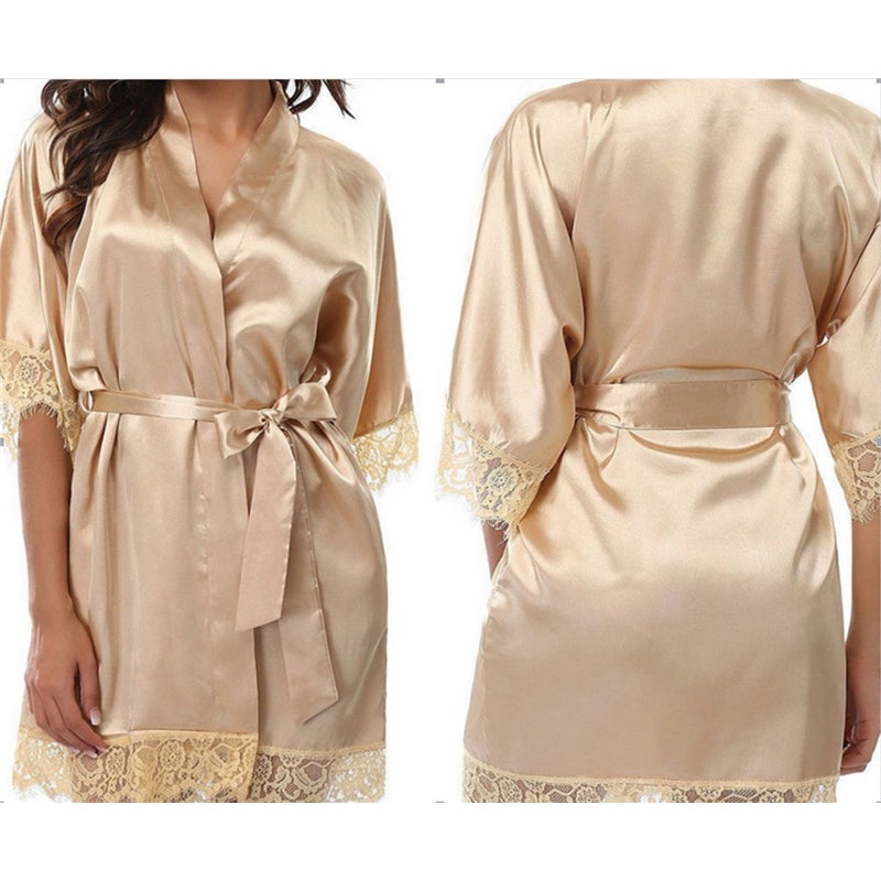 Women Fashion Sexy Solid Color Ice Silk Lace Splicing Lace-Up Pajamas