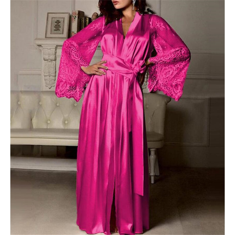 Women Fashion Sexy Imitation Ice Silk Lace Splicing Long-Sleeve Lace-Up Pajamas