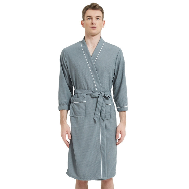 Fashion Casual Contrast Color Waffe Bathrobe Lace-Up Nightgown