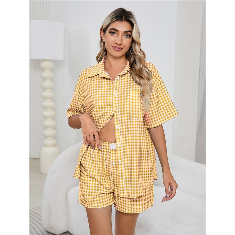 Women Fashion Casual Plaid Printed Lapel Short-Sleeve Blouse High Waist Loose Shorts Pajamas Two-Piece Set