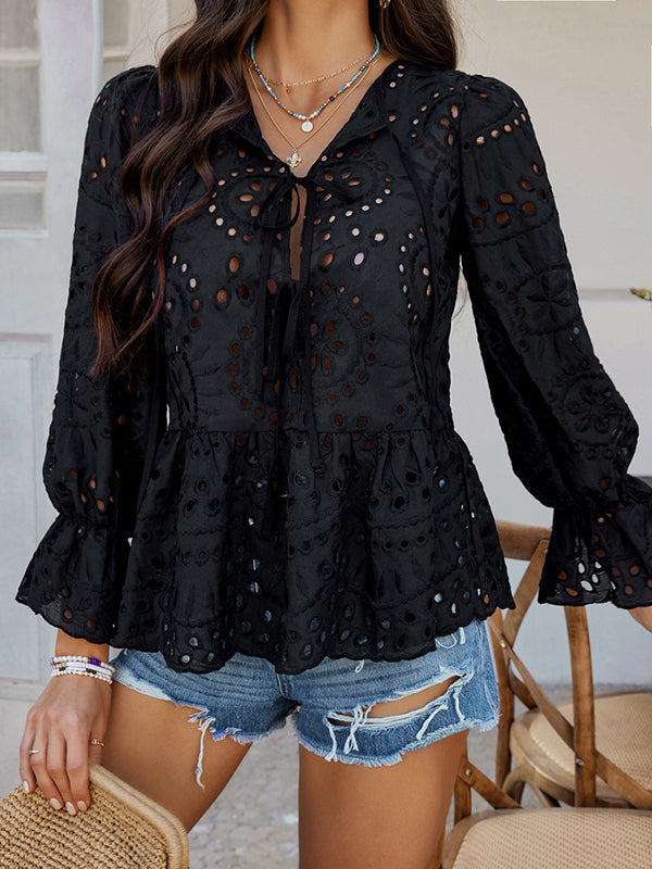 Long Sleeves Loose Elasticity Hollow Pleated Solid Color Tied Round-Neck Blouses&Shirts Tops