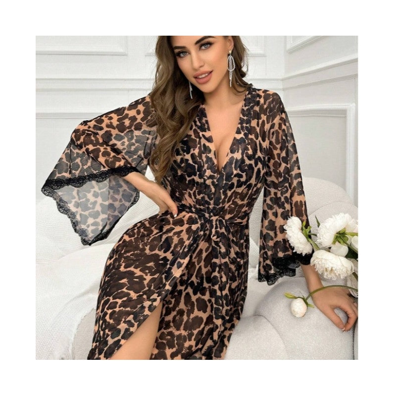 Women Fashion Sexy Leopard Mesh Long-Sleeve Lace-Up Dress Pajamas Sets