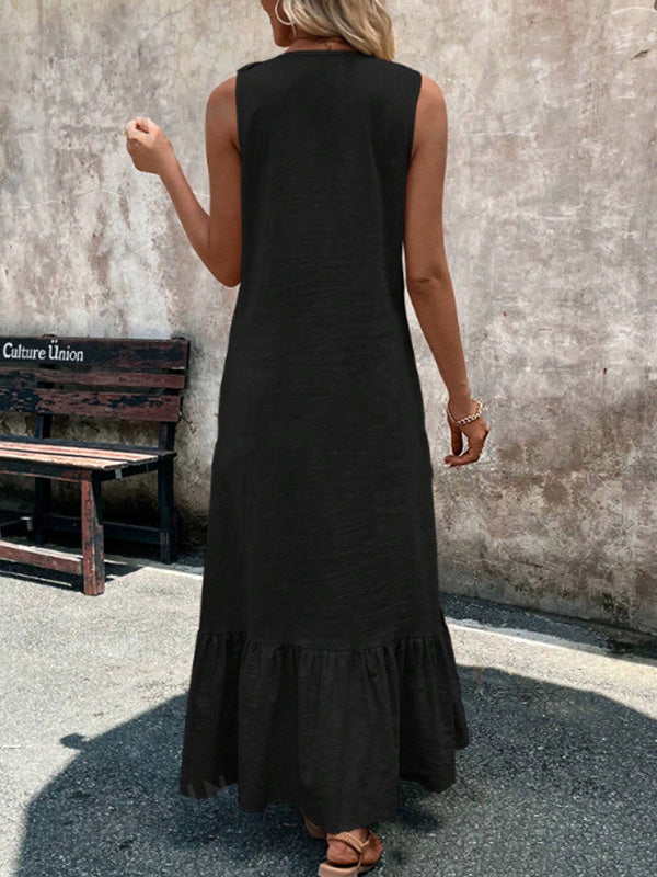 A-Line Loose Pleated Ruffle Trim Solid Color V-Neck Maxi Dresses