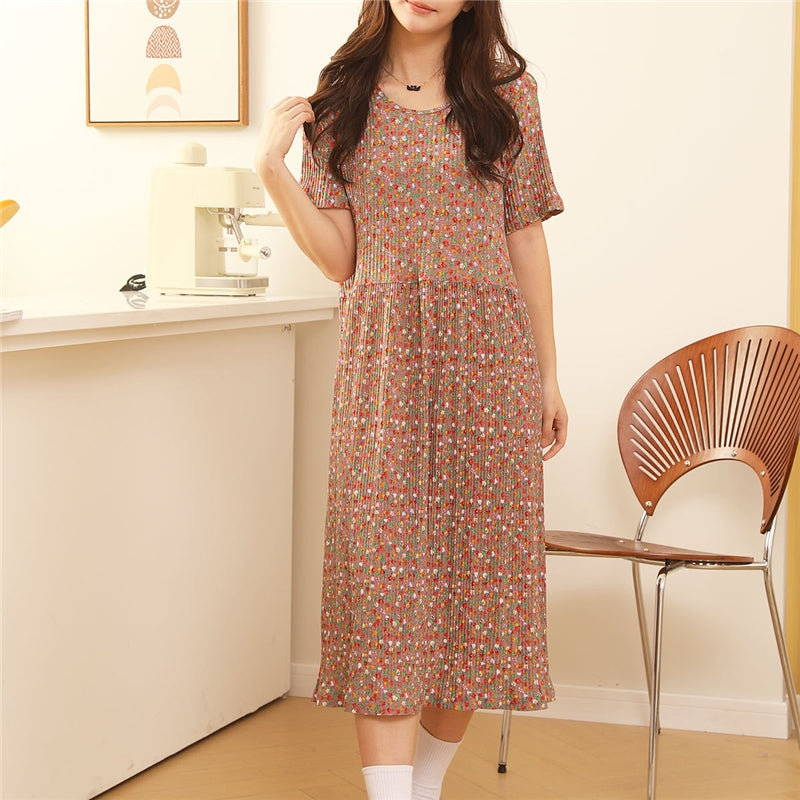Women Fashion Casual Floral Printed Short Sleeve Loose Dress Pajamas