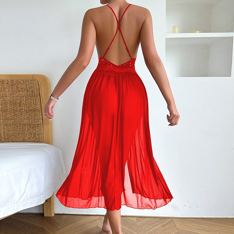 Women Fashion Sexy Deep V Backless Mesh Split Sleepwear