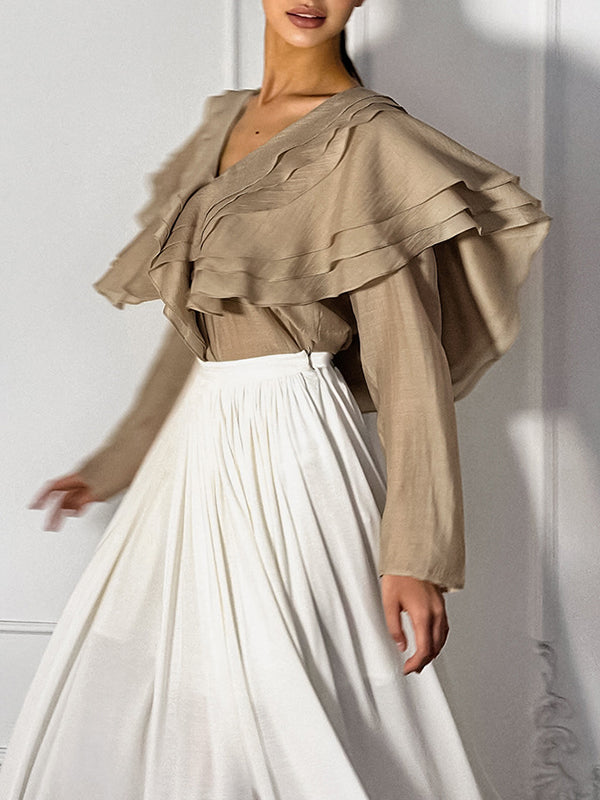 Long Sleeves Backless Ruffled Solid Color V-Neck Blouses&Shirts Tops